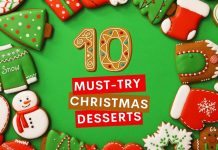 Image reads: 10 Must-Try Christmas Desserts. Background is green and the border is filled with decorated, Christmas-themed, sugar cookies.