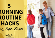 Image reads Five Morning Routine Hacks Every Mom Needs on the left hand side. On the right hand side are a mom with blonde hair, wearing jeans and a denim shirt, holding the front door open for her daughter, wearing a red backpack, and her son, wearing a blue backpack, heading out to school.